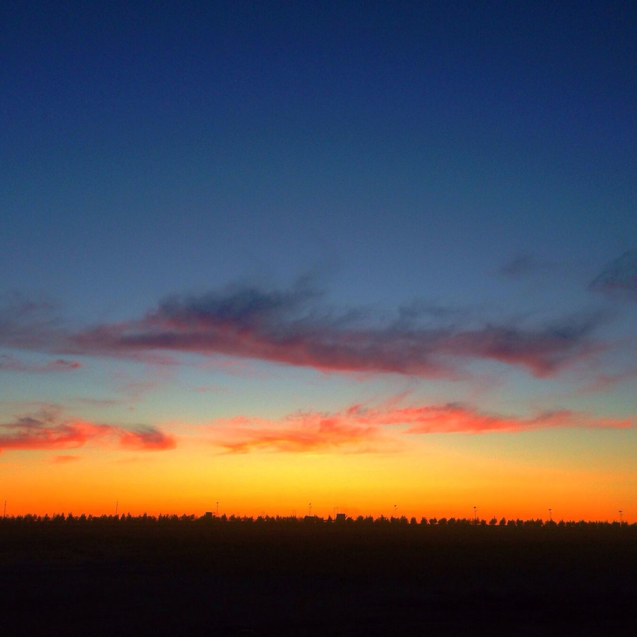 landscape, sunset, tranquil scene, tranquility, scenics, beauty in nature, silhouette, sky, field, nature, horizon over land, idyllic, copy space, orange color, rural scene, blue, dusk, outdoors, no people, cloud - sky