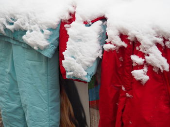 Close-up of snow on sweaters