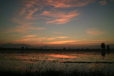 Scenic view of lake at sunset