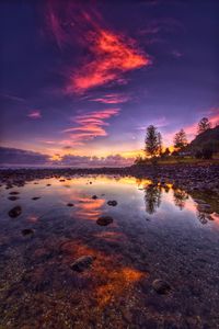 Scenic view of lake against sky at sunset