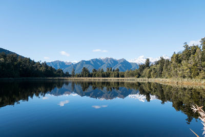 Scenic view of lake and mountains against clear blue sky