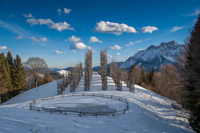 Scenic view of snow covered mountains against sky