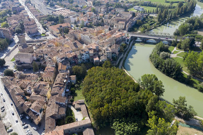 Aerial view of the village of umbertide with the tiber river