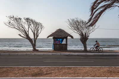 Scenic view of sea against clear sky on windy day