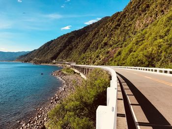 Scenic view of river by mountains against sky