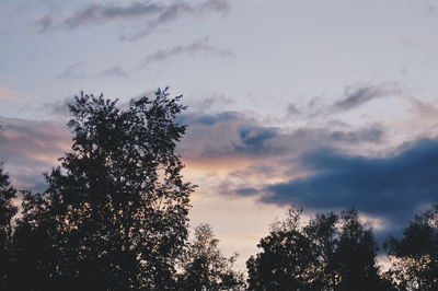 Low angle view of trees against cloudy sky