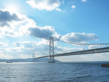 Suspension bridge over sea against sky