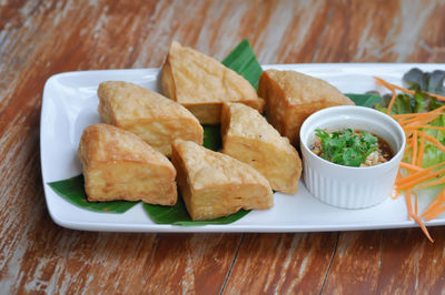 High angle view of food in plate on table