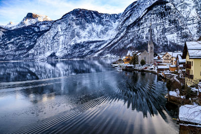 Scenic view of snowcapped mountains against sky during winter