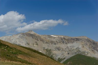 Scenic view of mountains against blue sky
