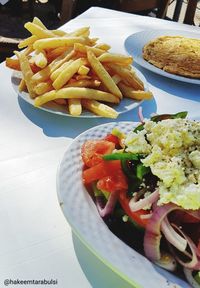 High angle view of food served on table