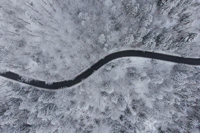 High angle view of snow covered land