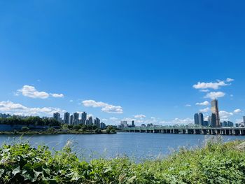 Scenic view of river by buildings against blue sky