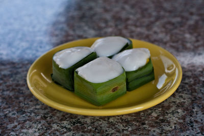 High angle view of dessert in plate on table