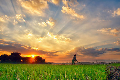 Man standing on field against sky during sunset