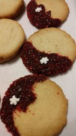 High angle view of cookies in plate