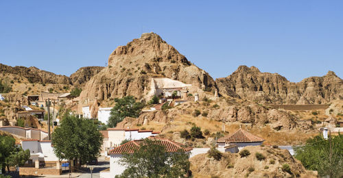 Buildings in town against clear blue sky