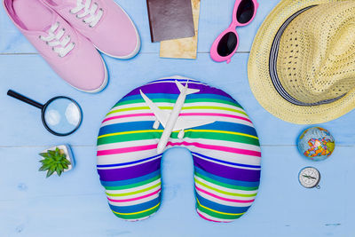 High angle view of various objects on table