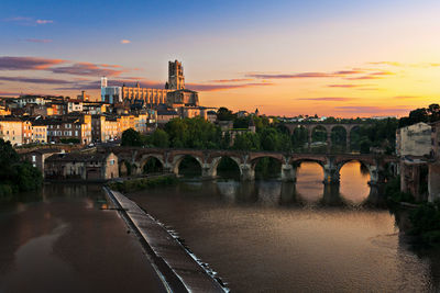 Bridge over river by buildings against sky during sunset