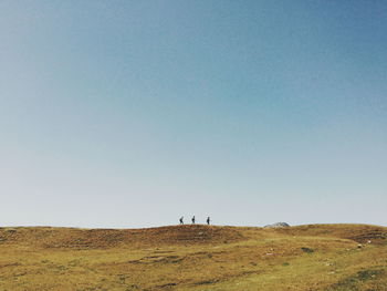 Men on landscape against clear sky