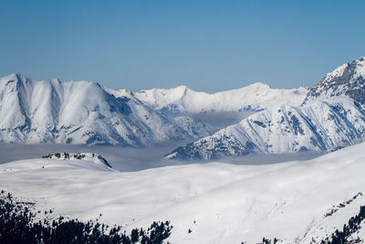 Scenic view of snowcapped mountains against clear sky