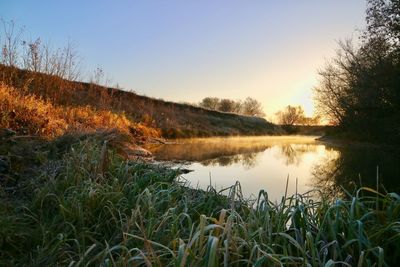 Scenic view of lake against sky during sunset