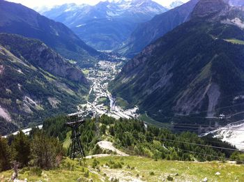 High angle view of trees and mountains