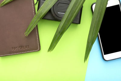 High angle view of passport with camera by mobile phone and plant against colored background