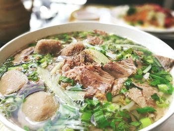 Close-up of soup with meat and vegetables