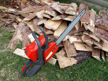 High angle view of logs on field