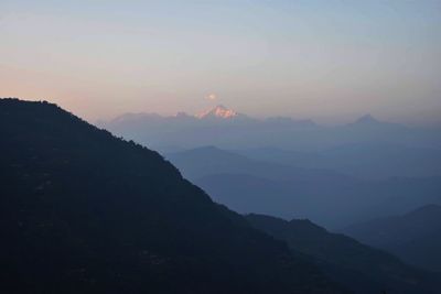 Scenic view of mountains against sky during sunset