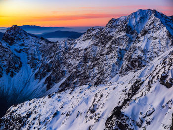 Scenic view of snowcapped mountains against sky during sunset