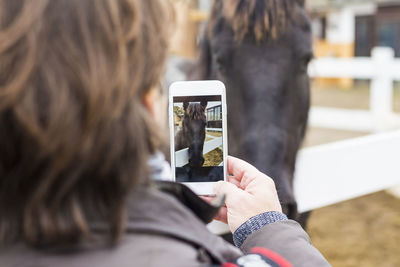 Cropped image of woman photographing horse with mobile phone