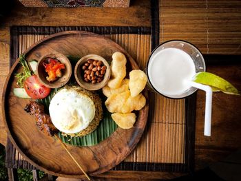 High angle view of breakfast on table