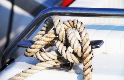 Close-up of rope tied on boat