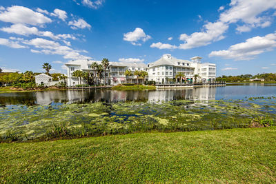 Lake with buildings in background