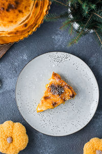 High angle view of food in plate on table