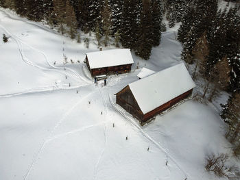 High angle view of snow covered field