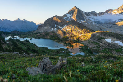 Scenic view of lake and mountains against sky