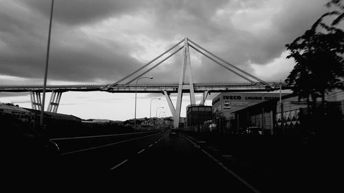 View of suspension bridge against cloudy sky