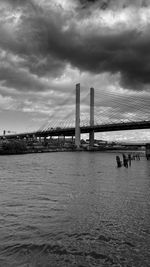 View of the kosciuszko suspension bridge over newtown creek against cloudy sky