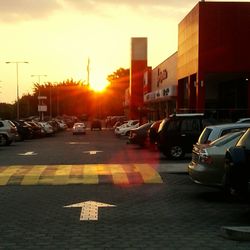 Cars on street in city at sunset