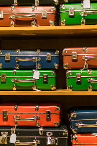 Full frame shot of suitcases for sale on shelves