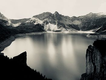 Scenic view of lake and mountains against sky