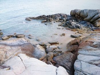 High angle view of rocks on shore