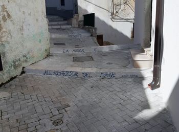 High angle view of text on wall of building