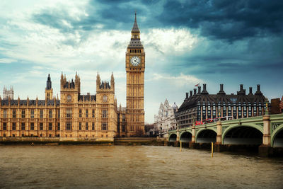 Arch bridge over river and buildings against sky in city