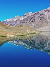 Scenic view of snowcapped mountains against blue sky