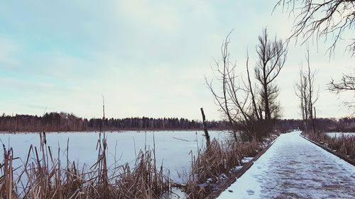 Scenic view of lake against sky during winter