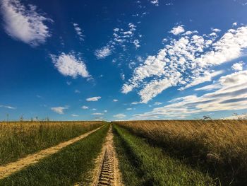 Tire track amidst grassy field against sky